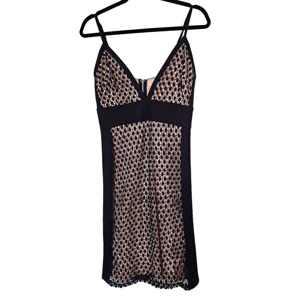 Just Me Navy Blue and Nude Dress with a Crocheted Overlay. Size M.